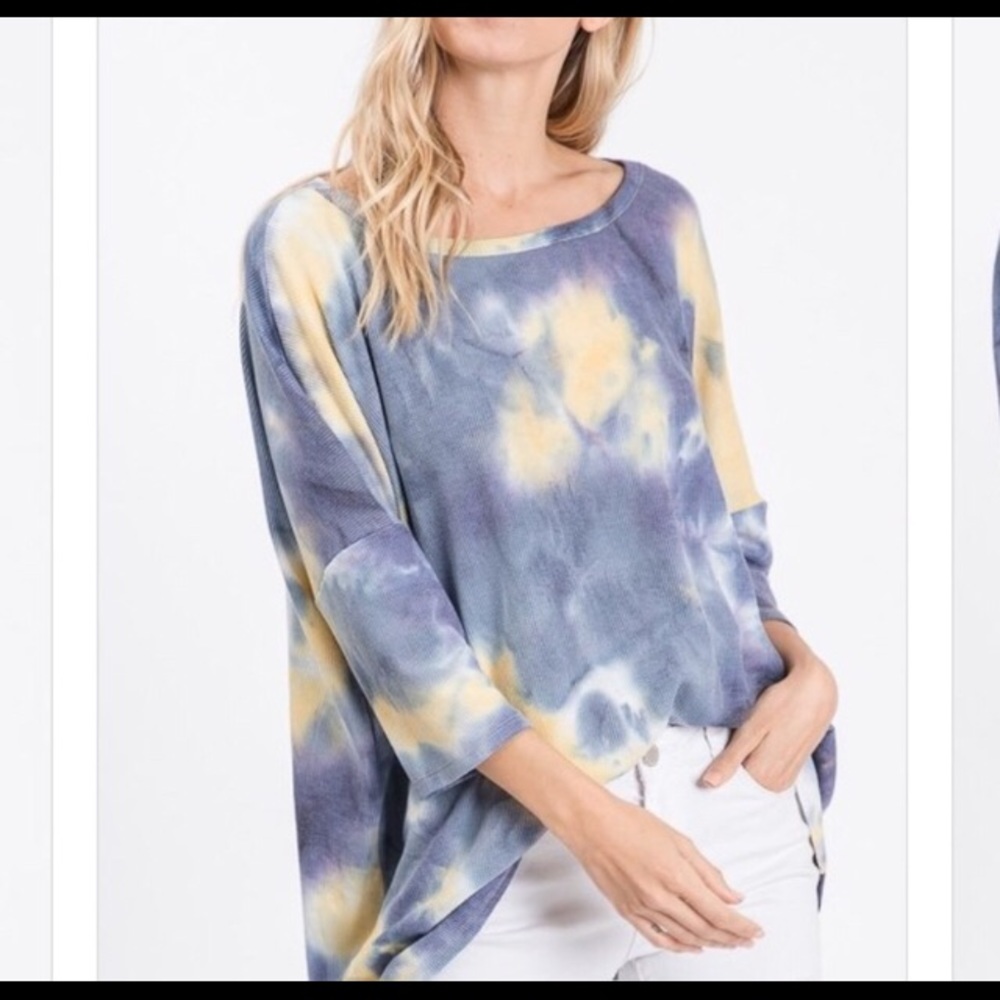 Blue and Yellow Waffle Knit Tie Dye Loose Fit Top - Picture 4 of 7